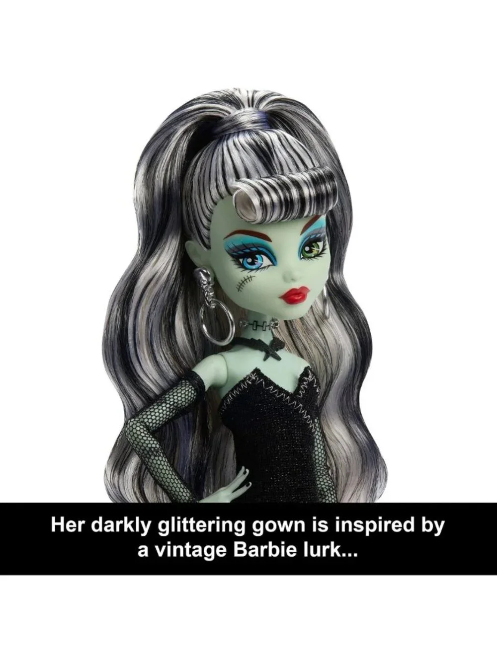 Frankie Stein Doll with Barbie-Inspired Swimsuit & Black Evening Dress